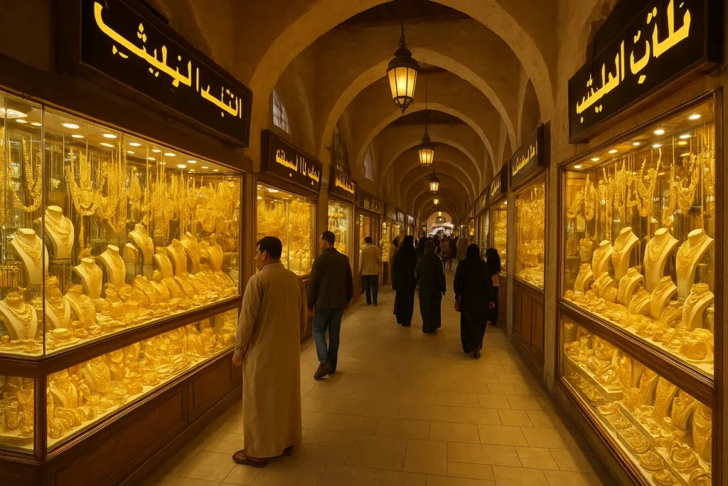 Interior of a gold jewelry shop in Doha, Qatar, showcasing traditional and modern gold designs under bright lights